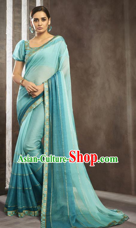 Asian India National Bride Light Blue Chiffon Saree Dress Asia Indian Festival Blouse and Sari Traditional Bollywood Dance Costumes for Women
