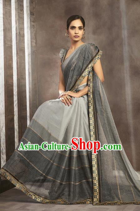 Asian India National Bride Grey Chiffon Saree Dress Asia Indian Festival Blouse and Sari Traditional Bollywood Dance Costumes for Women