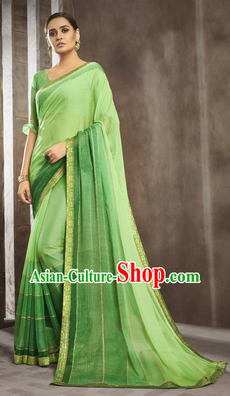 Asian India National Bride Green Chiffon Saree Dress Asia Indian Festival Blouse and Sari Traditional Bollywood Dance Costumes for Women