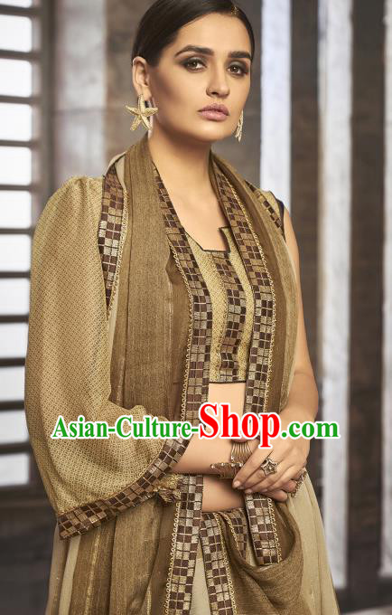Asian India National Bride Brown Chiffon Saree Dress Asia Indian Festival Blouse and Sari Traditional Bollywood Dance Costumes for Women