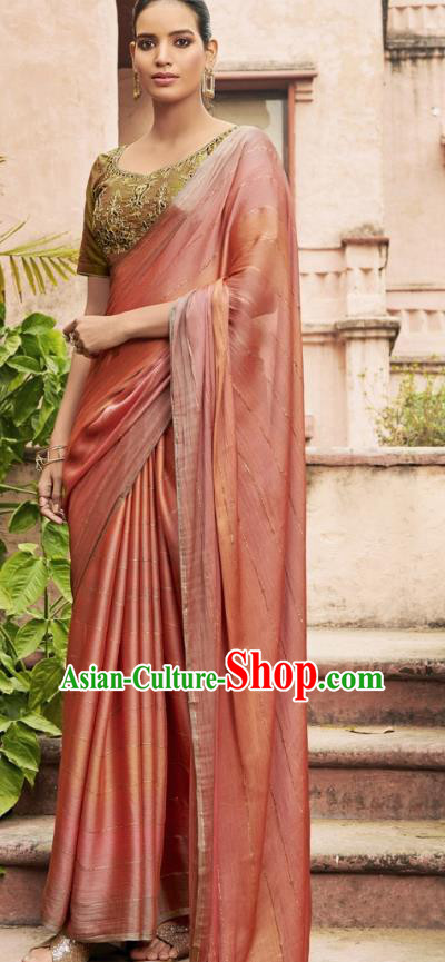 Asian India National Female Pink Chiffon Saree Dress Traditional Bollywood Dance Costumes Asia Indian Festival Blouse and Sari for Women