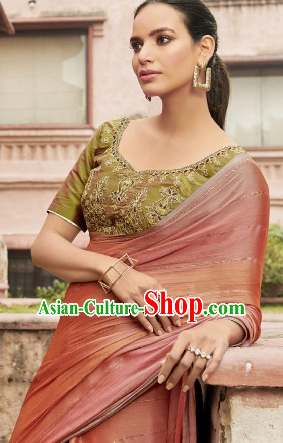 Asian India National Female Pink Chiffon Saree Dress Traditional Bollywood Dance Costumes Asia Indian Festival Blouse and Sari for Women