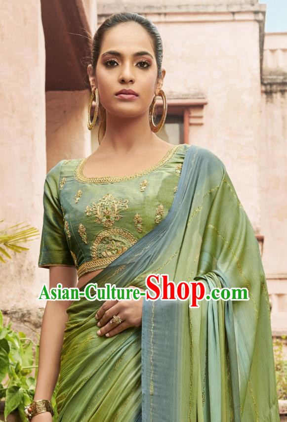 Asian India National Female Green Chiffon Saree Dress Traditional Bollywood Dance Costumes Asia Indian Festival Blouse and Sari for Women