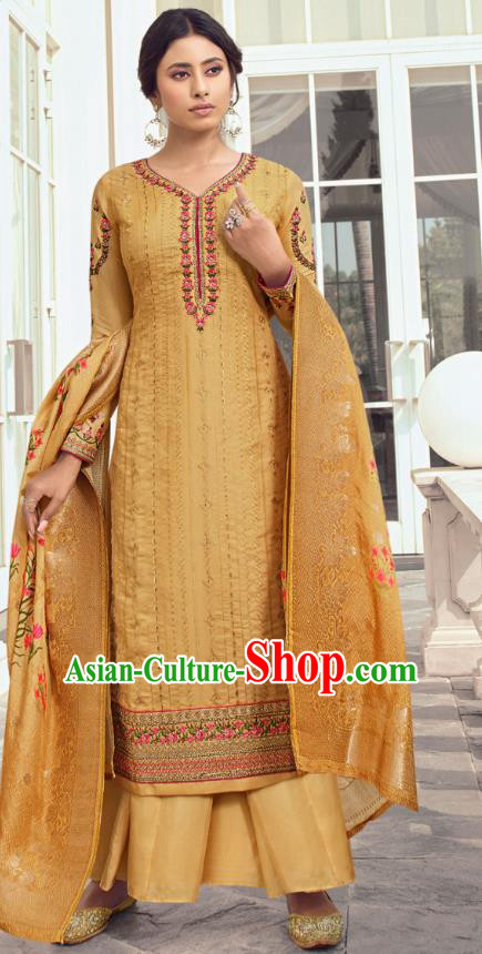 Asian India Traditional Costumes Asia Indian National Festival Punjab Suits Ginger Silk Long Blouse Shawl and Loose Pants Complete Set