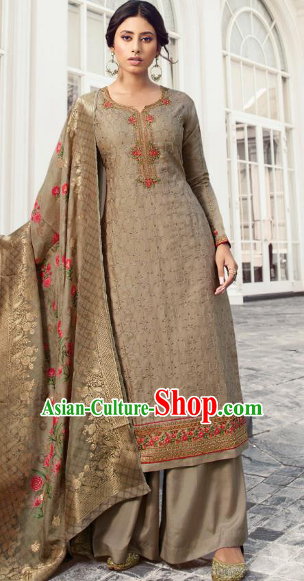 Asian India Traditional Costumes Asia Indian National Festival Punjab Suits Brown Silk Long Blouse Shawl and Loose Pants Complete Set