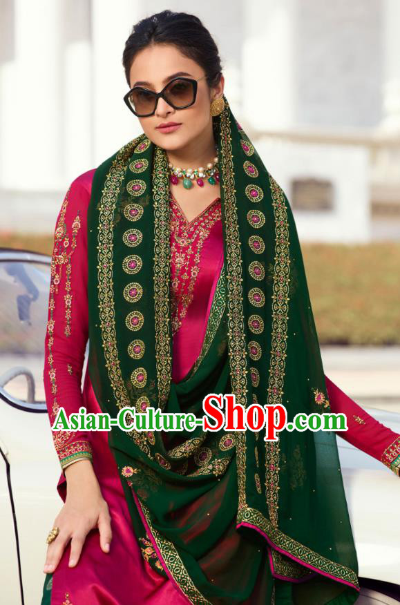 Asian India Traditional Informal Costumes Asia Indian National Punjab Suits Rosy Satin Blouse Shawl and Green Loose Pants for Rich Woman
