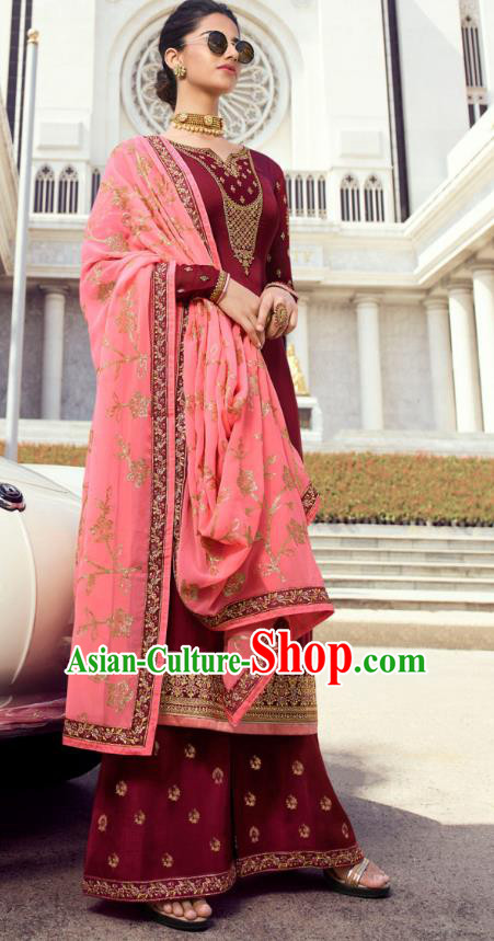 Asian India Traditional Informal Costumes Asia Indian National Punjab Suits Wine Red Satin Blouse Shawl and Loose Pants for Rich Woman
