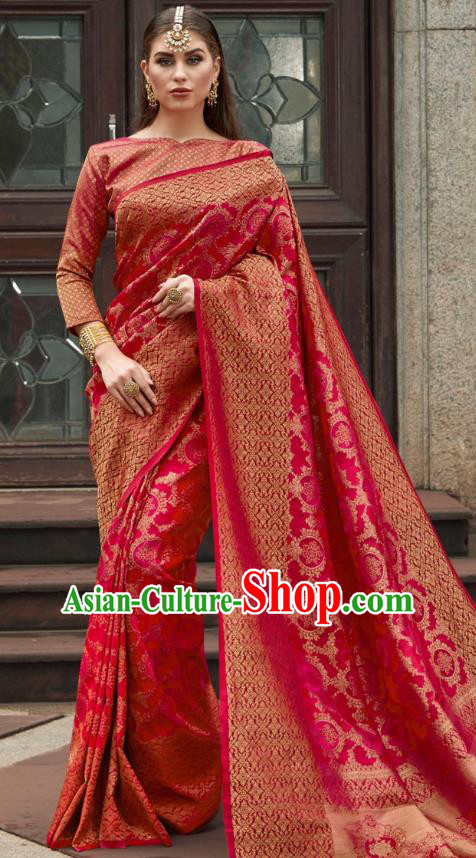 Asian India Court Magenta Silk Saree Traditional Bollywood Dance Costumes Asia Indian National Festival Blouse and Sari Dress for Women
