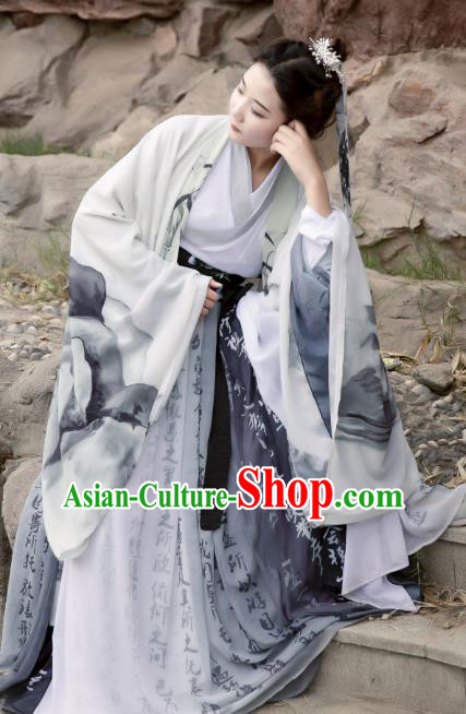 Traditional Chinese Jin Dynasty Swordsman Historical Costumes Ancient Scholar Hanfu Apparel Printing Chiffon Cloak and Dress for Men