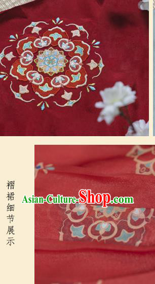 Traditional Chinese Tang Dynasty Noble Concubine Historical Costumes Ancient Court Woman Hanfu Garment Printing Red Chiffon Cloak Blouse Camisole and Skirt Full Set