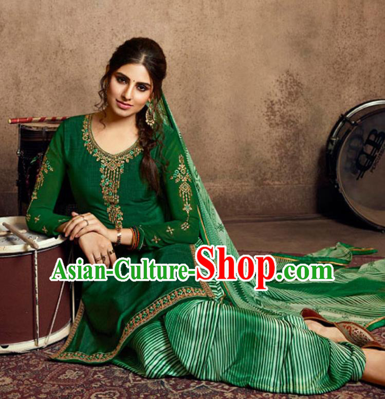 Asian India Traditional Civilian Woman Costumes Asia Indian National Punjab Suits Green Crepe Long Blouse Shawl and Loose Pants Full Set