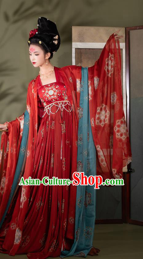 Traditional Chinese Tang Dynasty Palace Woman Historical Costumes Ancient Imperial Concubine Hanfu Garment Red Chiffon Cloak Blouse and Strapless Dress Full Set