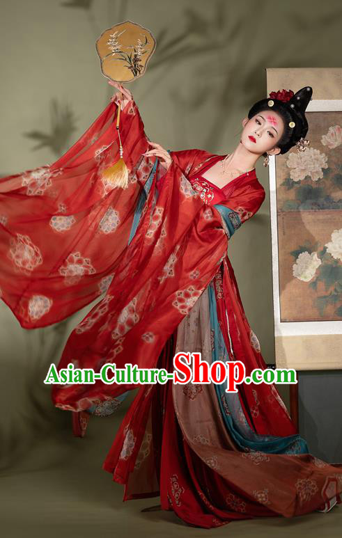 Traditional Chinese Tang Dynasty Palace Woman Historical Costumes Ancient Imperial Concubine Hanfu Garment Red Chiffon Cloak Blouse and Strapless Dress Full Set