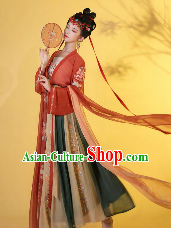 Traditional Chinese Tang Dynasty Princess Historical Costumes Ancient Noble Lady Hanfu Garment Embroidered Blouse Camisole and Skirt Full Set