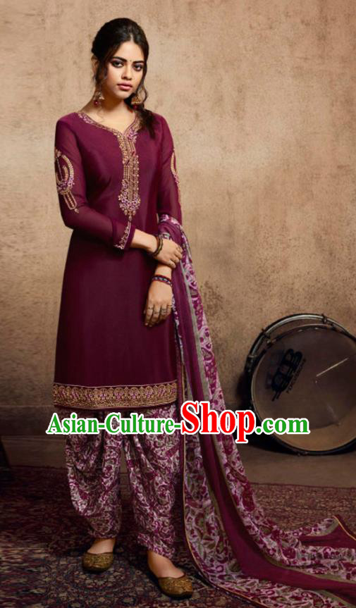 Asian India Traditional Civilian Woman Costumes Asia Indian National Punjab Suits Purple Crepe Long Blouse Shawl and Loose Pants Full Set