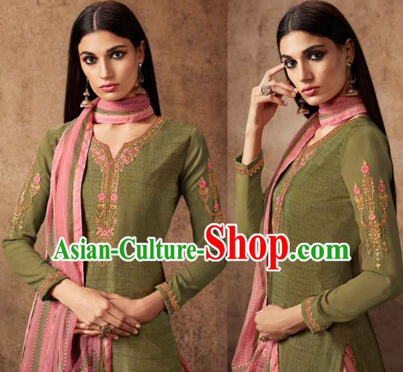 Asian India Traditional Civilian Woman Costumes Asia Indian National Punjab Suits Olive Green Crepe Long Blouse Shawl and Loose Pants Full Set