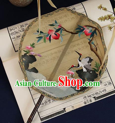 China Handmade Hanfu Fan Embroidered Crane Peach Palace Fan Traditional Yellow Silk Fan