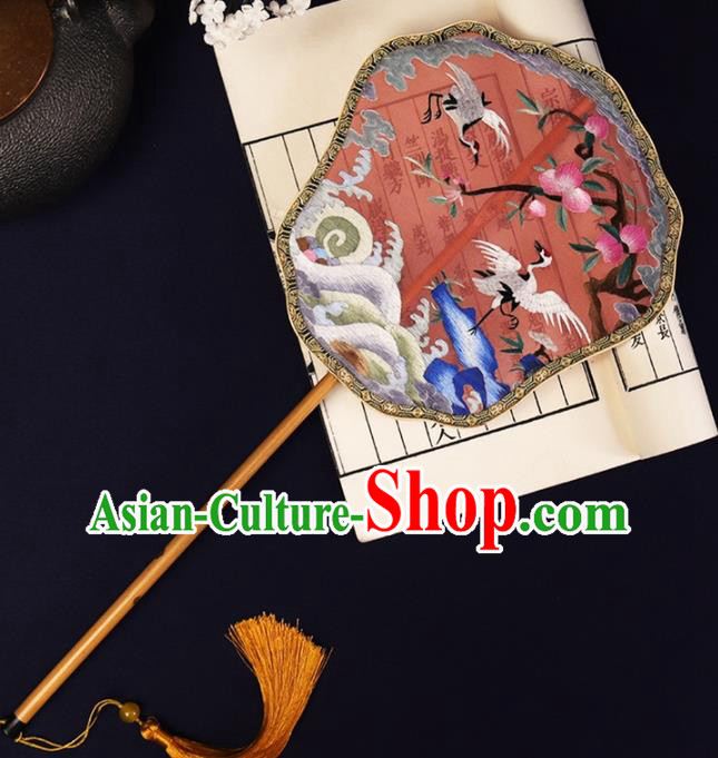 China Traditional Bride Red Silk Fan Handmade Suzhou Embroidered Peach Cranes Palace Fan Double Side Hanfu Fan