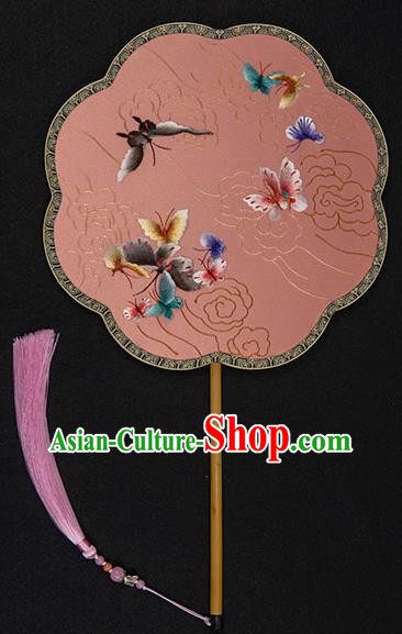 China Handmade Wedding Palace Fan Traditional Embroidered Butterfly Fan Classical Hanfu Pink Silk Fan