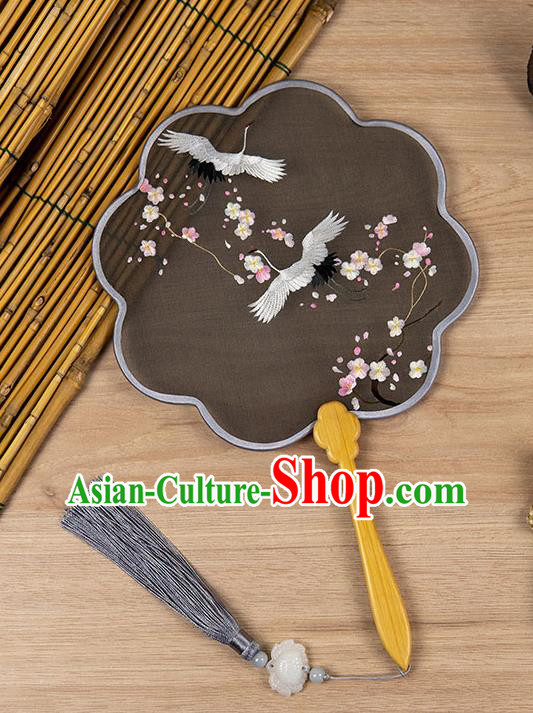 China Classical Hanfu Black Silk Fan Ancient Princess Palace Fan Handmade Traditional Embroidered Crane Plum Fan