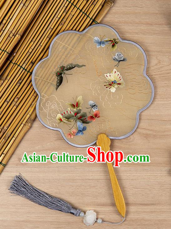 China Classical Hanfu Beige Silk Fan Ancient Princess Palace Fan Handmade Traditional Embroidered Butterfly Fan