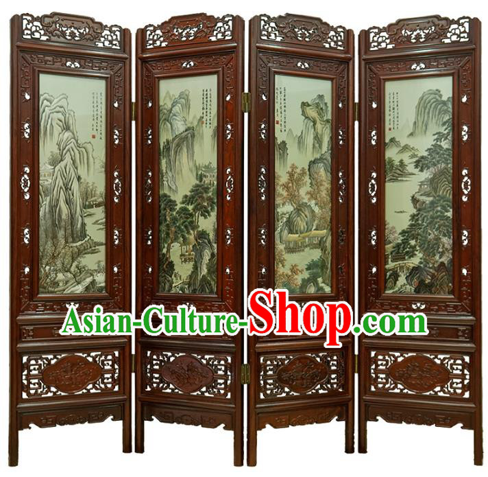 Handmade China Carving Rosewood Folding Screen Embroidered Furniture Ornaments