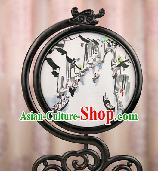 Handmade China Suzhou Embroidery Craft Table Ornament Suzhou Embroidered Waterside Sandalwood Desk Screen