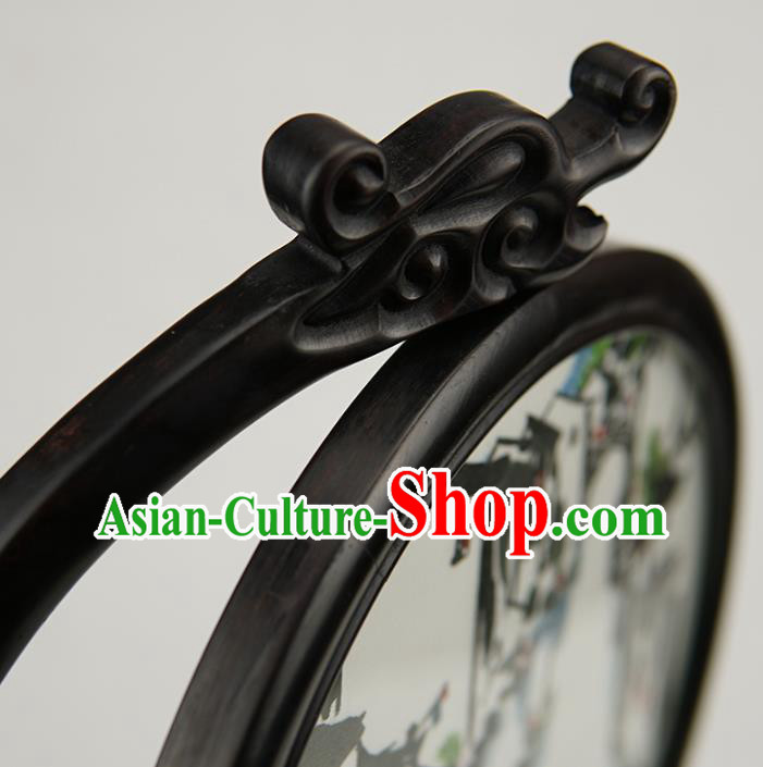 Handmade China Suzhou Embroidery Craft Table Ornament Suzhou Embroidered Waterside Sandalwood Desk Screen