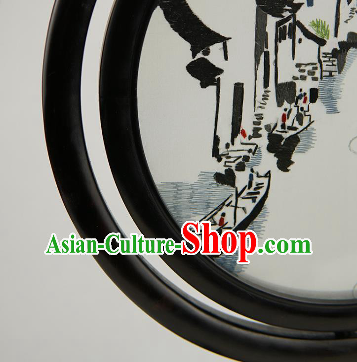 Handmade China Suzhou Embroidery Craft Table Ornament Suzhou Embroidered Waterside Sandalwood Desk Screen