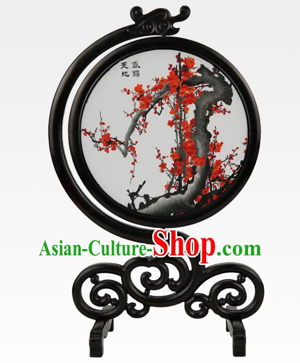 Handmade China Embroidered Plum Blossom Desk Screen Suzhou Embroidery Craft Sandalwood Table Ornament
