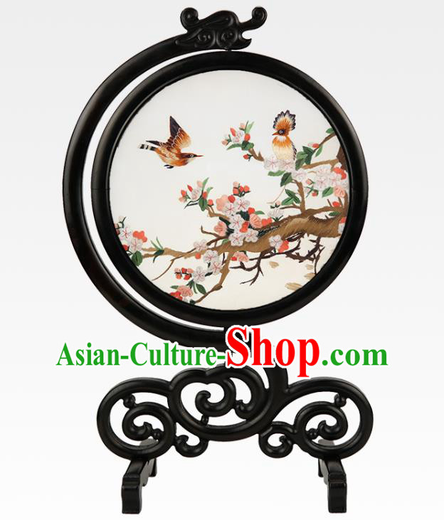 Handmade China Embroidered Plum Blossom Silk Screen Sandalwood Table Ornament Suzhou Embroidery Craft