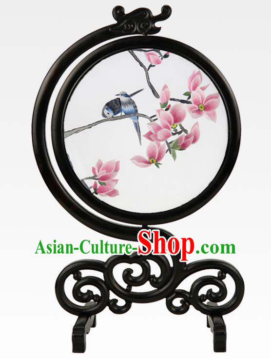 Handmade Sandalwood Table Ornament China Suzhou Embroidery Craft Embroidered Mangnolia Silk Screen