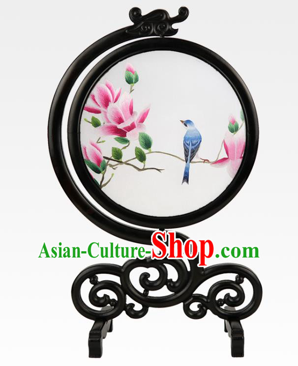 Handmade Sandalwood Table Ornament China Suzhou Embroidery Silk Craft Embroidered Mangnolia Bird Desk Screen