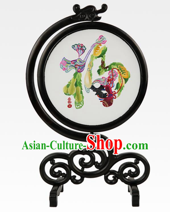 Handmade China Suzhou Embroidery Silk Craft Embroidered Desk Screen Sandalwood Table Ornament