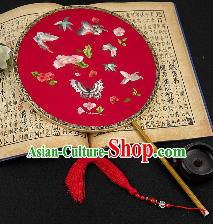 China Classical Hanfu Red Silk Fan Handmade Wedding Palace Fan Traditional Embroidered Flowers Butterfly Circular Fan