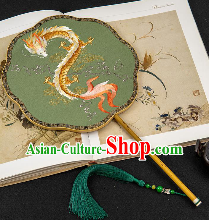 China Traditional Embroidered Dragon Fan Classical Hanfu Green Silk Fan Handmade Wedding Palace Fan