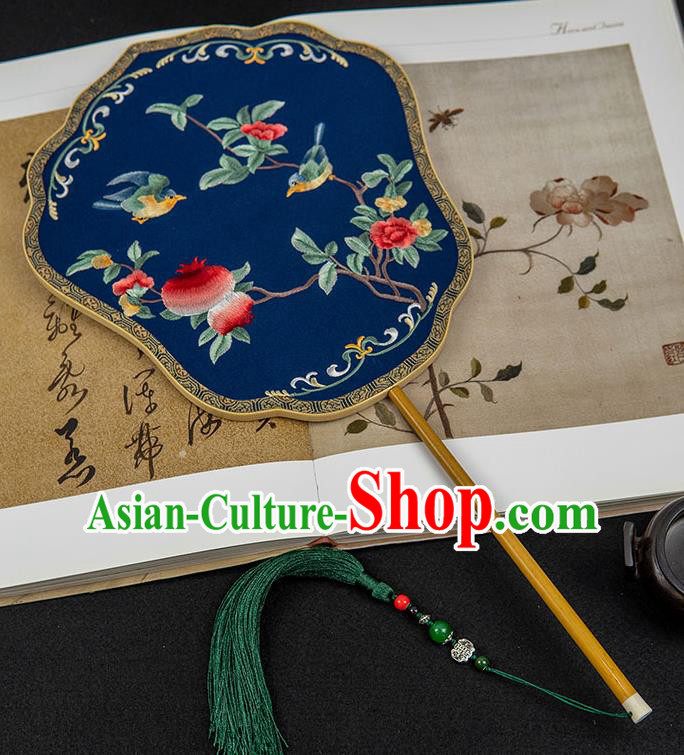 China Traditional Embroidered Pomegranate Fan Handmade Wedding Palace Fan Classical Hanfu Deep Blue Silk Fan