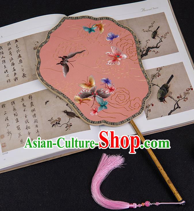 China Traditional Embroidered Butterfly Fan Classical Hanfu Pink Silk Fan Handmade Ancient Noble Lady Palace Fan