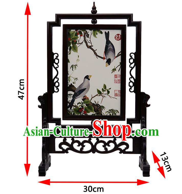 Handmade China Suzhou Embroidery Craft Embroidered Double Side Desk Screen Rosewood Table Ornament