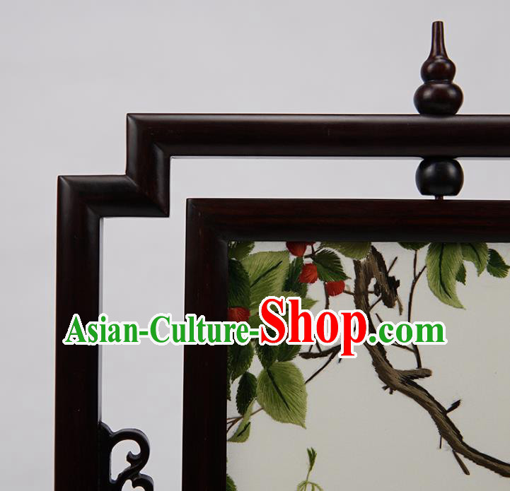 Handmade China Suzhou Embroidery Craft Embroidered Double Side Desk Screen Rosewood Table Ornament