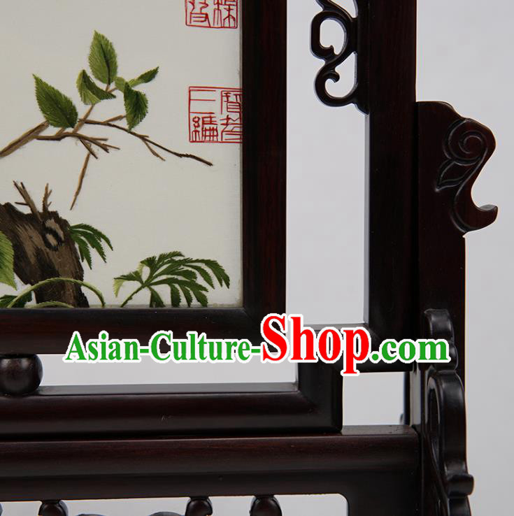 Handmade China Suzhou Embroidery Craft Embroidered Double Side Desk Screen Rosewood Table Ornament