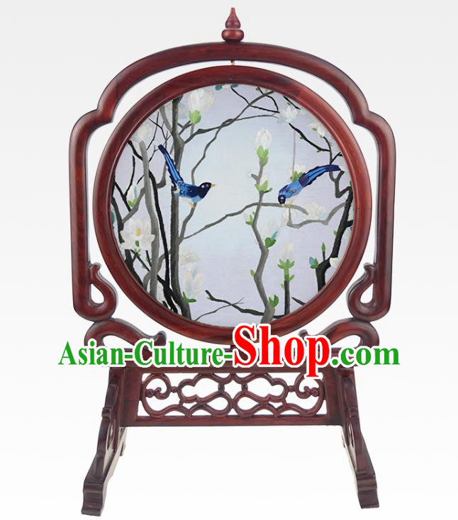 China Handmade Rosewood Table Ornament Suzhou Double Side Embroidery Silk Craft Embroidered Mangnolia Desk Screen