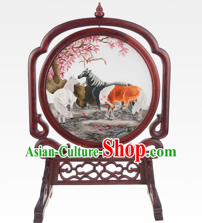 China Suzhou Embroidered Horse Craft Handmade Table Ornament Traditional Embroidery Rosewood Desk Screen