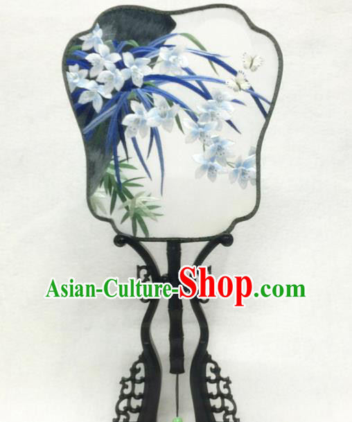 China Traditional Palace Fan Classical Dance Hanfu Fan Handmade Suzhou Embroidered Orchids Silk Fan