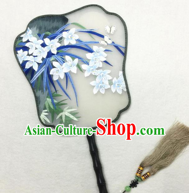 China Traditional Palace Fan Classical Dance Hanfu Fan Handmade Suzhou Embroidered Orchids Silk Fan