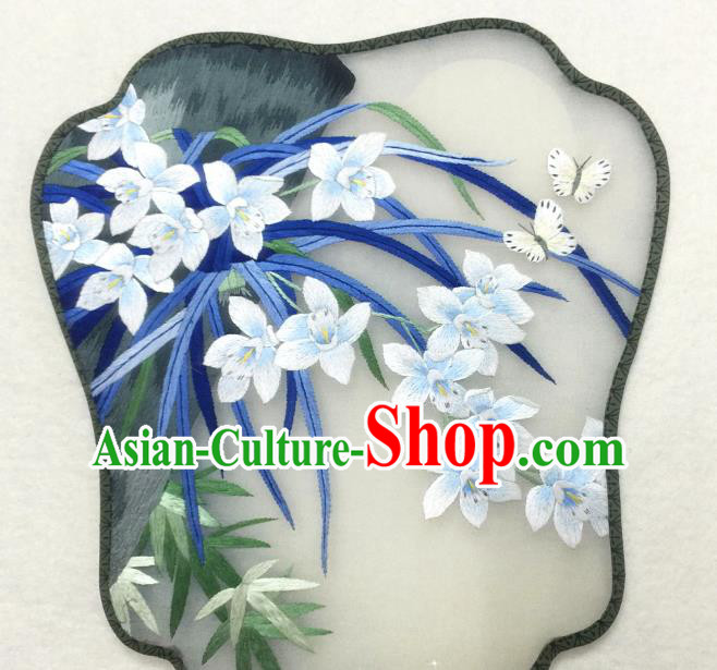 China Traditional Palace Fan Classical Dance Hanfu Fan Handmade Suzhou Embroidered Orchids Silk Fan