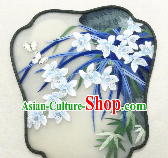 China Traditional Palace Fan Classical Dance Hanfu Fan Handmade Suzhou Embroidered Orchids Silk Fan