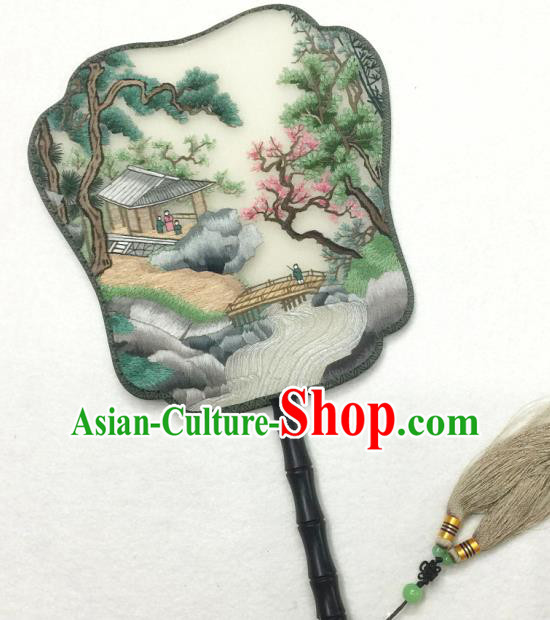 China Traditional Handmade Suzhou Embroidered Paysage Silk Fan Classical Dance Palace Fan