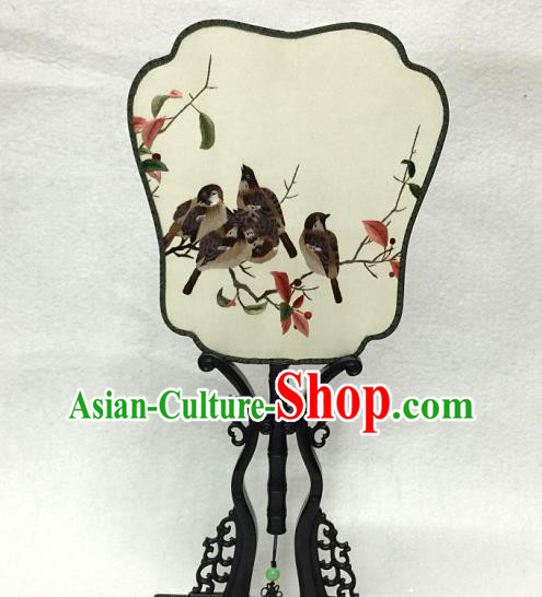 China Traditional Classical Dance Palace Fan Handmade Suzhou Embroidered Birds Silk Fan
