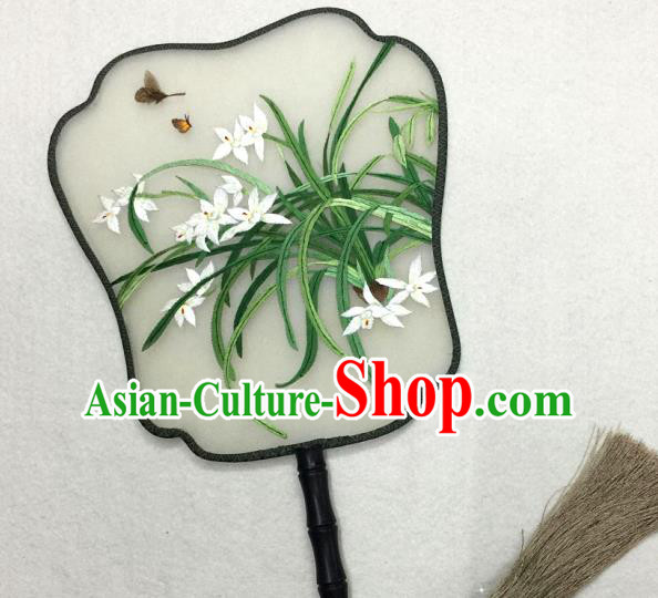 China Traditional Palace Fan Classical Dance Silk Fan Handmade Suzhou Embroidered Orchids Silk Fan